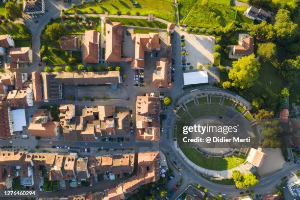 aerial view of the avanches old town and its roman amphitehatre in canton vaud, switzerland - avenches location stock pictures, royalty-free photos & images