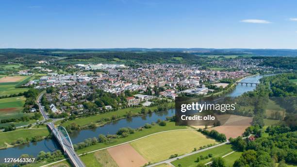 aerial view over marktheidenfeld and river main, bavaria, germany - bavaria village stock pictures, royalty-free photos & images