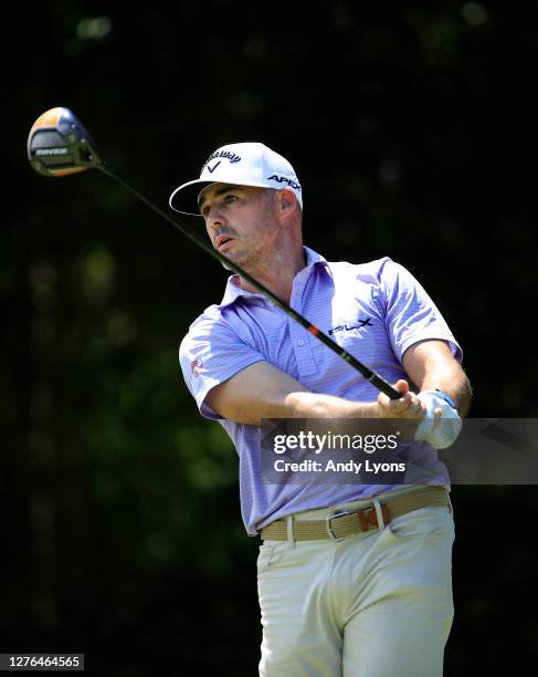 Jonathan Byrd plays his shot from the 15th tee during the first round of the Corales Puntacana Resort & Club Championship on September 24, 2020 in...