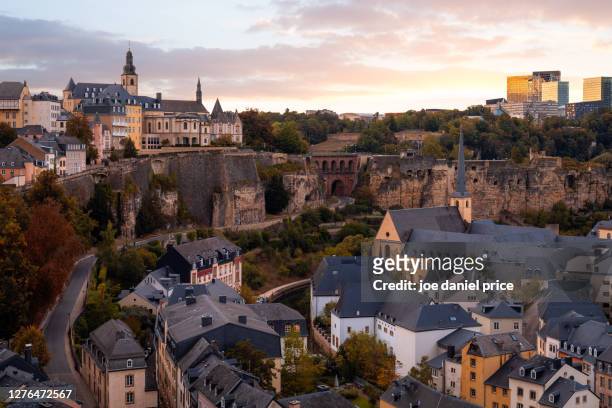 sunset, church of saint john in grund, luxembourg city, luxembourg - luxembourg stockfoto's en -beelden