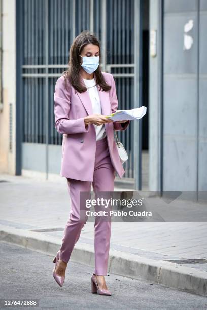 Queen Letizia of Spain arrives to attend a meeting at AECC on September 24, 2020 in Madrid, Spain.