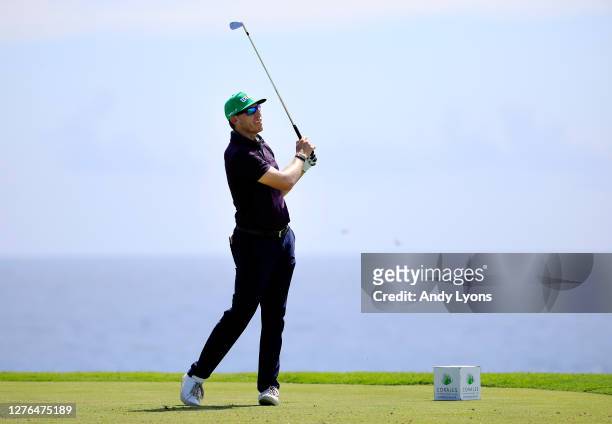 Ricky Barnes plays his shot from the ninth tee during the first round of the Corales Puntacana Resort & Club Championship on September 24, 2020 in...