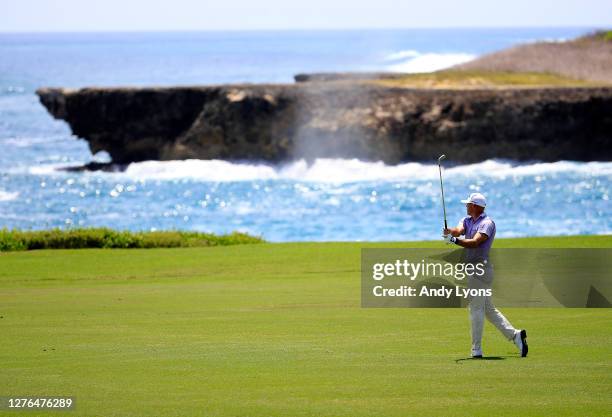 Jonathan Byrd plays his second shot on the 18th hole during the first round of the Corales Puntacana Resort & Club Championship on September 24, 2020...