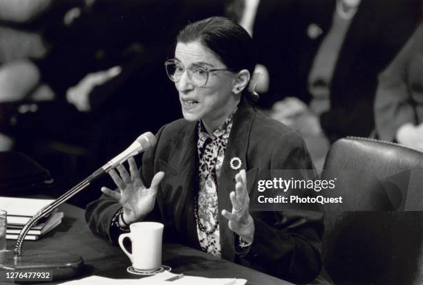 View of American jurist Ruth Bader Ginsburg during her testimony before the US Senate Judiciary Committee during a confirmation hearing over her...