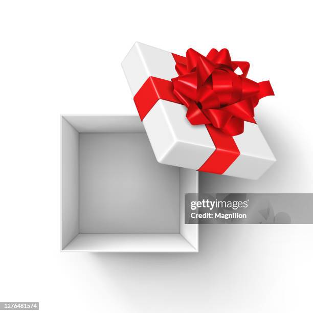 illustrazioni stock, clip art, cartoni animati e icone di tendenza di scatola regalo aperta bianca con fiocco rosso e nastri - gift
