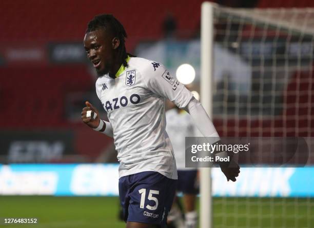 Bertrand Traore of Aston Villa celebrates after scoring his team's second goal celebrates after scoring his team's second goal during the Carabao Cup...