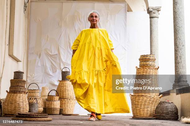 Benedetta Barzini walks the runway at the Daniela Gregis fashion show during the Milan Women's Fashion Week on September 24, 2020 in Milan, Italy.