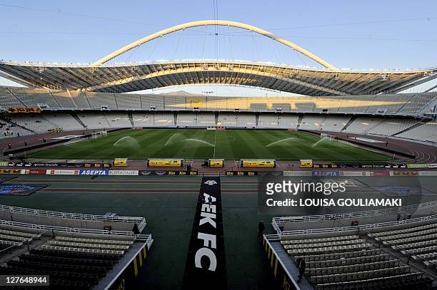 General view of the Olympic stadium in Athens, the host stadium of AEK Athens prior to their match with Sturm Graz for the UEFA Europa league on...