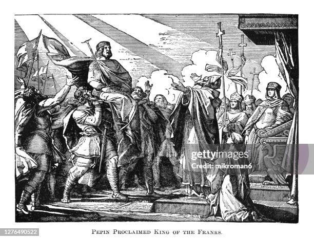 engraved illustration of pepin proclaimed king of the franks - charlmange stock pictures, royalty-free photos & images