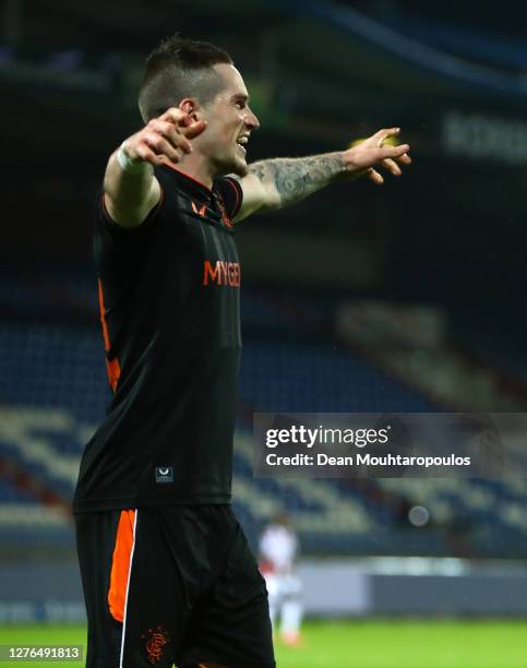 Ryan Kent of Rangers celebrates after scoring his team's second goal during the UEFA Europa League third qualifying round match between Willem II and...