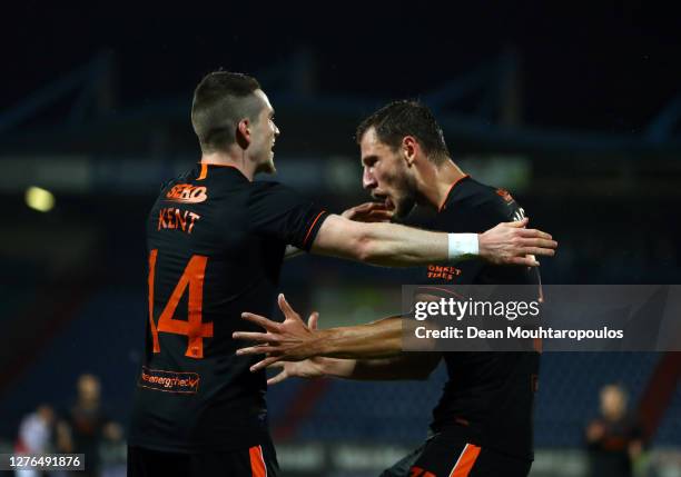 Ryan Kent of Rangers celebrates with teammate Borna Barisic after scoring his team's second goal during the UEFA Europa League third qualifying round...