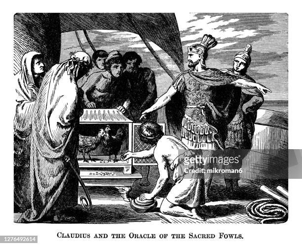 old engraved illustration of publius clodius pulcher and the oracle of the sacred fowls - roman philosopher stock pictures, royalty-free photos & images