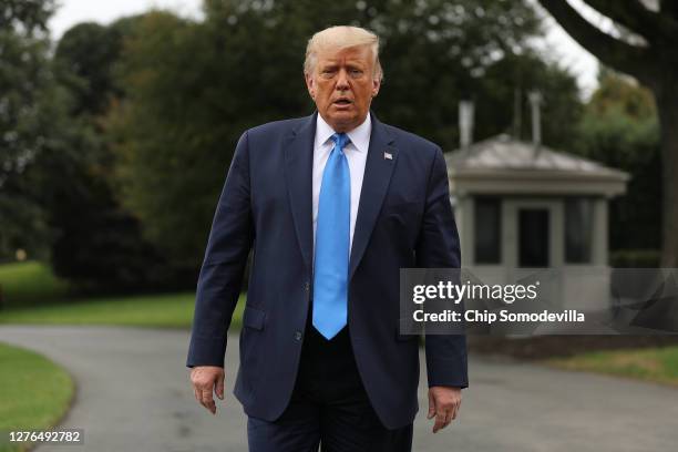 President Donald Trump talks to journalists before departing the White House September 24, 2020 in Washington, DC. Trump is traveling to North...