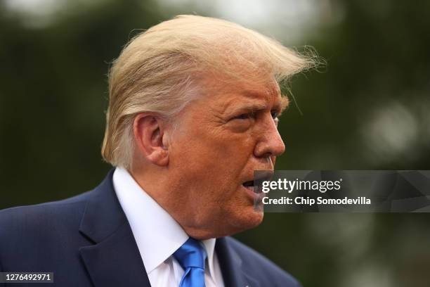 President Donald Trump talks to journalists before departing the White House September 24, 2020 in Washington, DC. Trump is traveling to North...