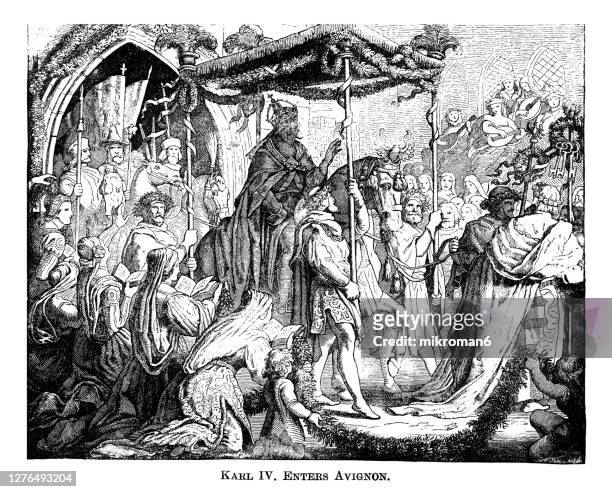 old engraved illustration of charles iv, holy roman emperor enters avignon - charles iv of france stock pictures, royalty-free photos & images