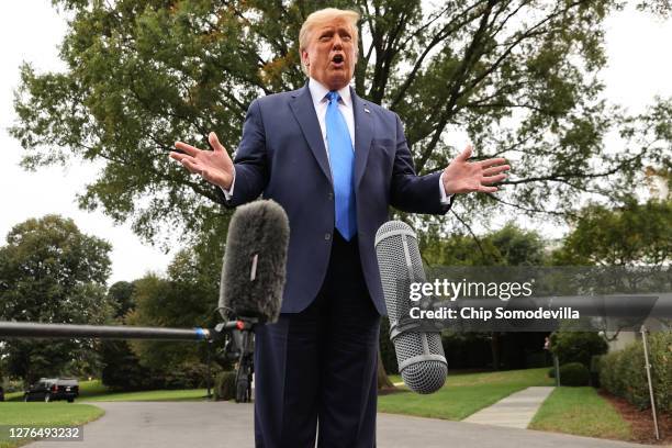 President Donald Trump talks to journalists before departing the White House September 24, 2020 in Washington, DC. Trump is traveling to North...