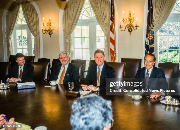 View of US President Bill Clinton as he meets with bipartisan Congressional leaders in the White House's Cabinet Room, Washington DC, January 5,...