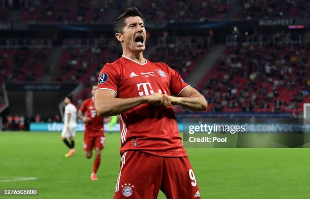 Robert Lewandowski of Bayern Munich celebrates after scoring his team's second goal that was later disallowed during the UEFA Super Cup match between...