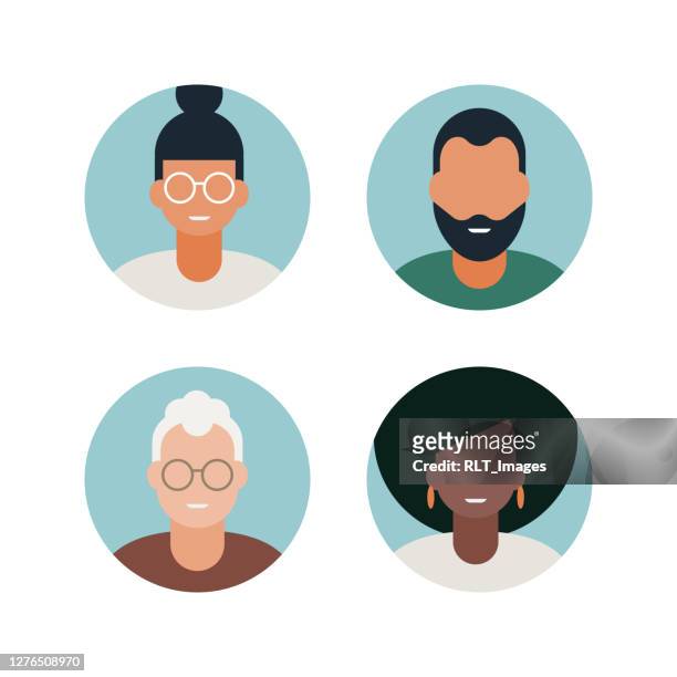 diverse adult avatars full-color vector icon set - round eyeglasses clip art stock illustrations