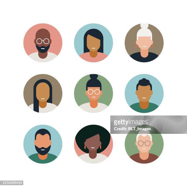 illustrazioni stock, clip art, cartoni animati e icone di tendenza di diversi avatar per adulti set di icone vettoriali a colori - viso