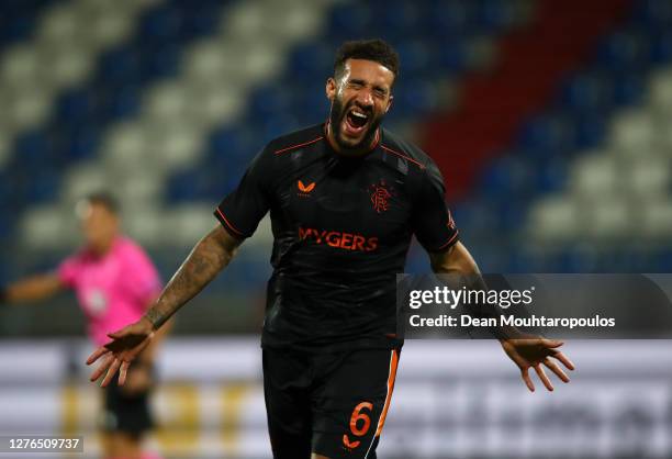 Connor Goldson of Rangers celebrates after he scores his sides fourth goal during the UEFA Europa League third qualifying round match between Willem...