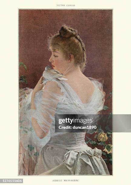 stockillustraties, clipart, cartoons en iconen met portret van een jonge vrouw met een witte duif, victoriaans - fine art woman