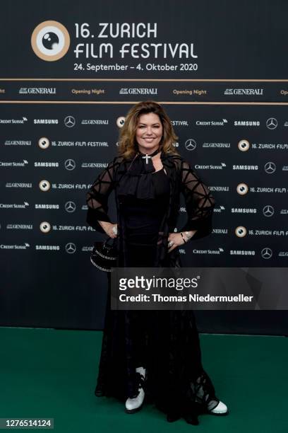 Singer Shania Twain attends the opening ceremony of the 16th Zurich Film Festival at Kino Corso on September 24, 2020 in Zurich, Switzerland. The...