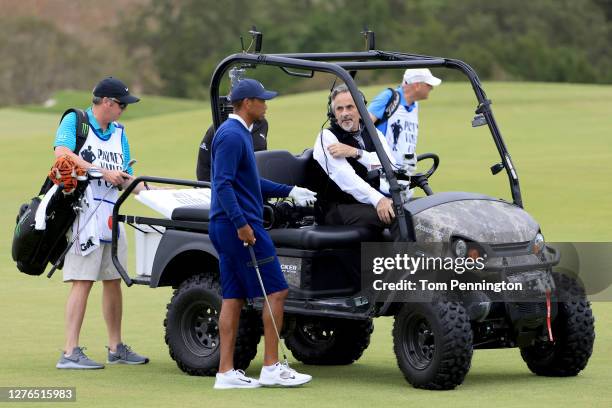 Tiger Woods of the United States speaks to TV personality David Feherty in an ATV during the Payne’s Valley Cup on September 22, 2020 on the Payne’s...