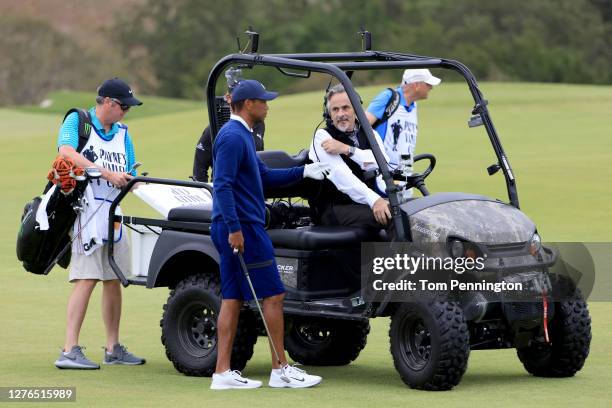 Tiger Woods of the United States speaks to TV personality David Feherty in an ATV during the Payne’s Valley Cup on September 22, 2020 on the Payne’s...