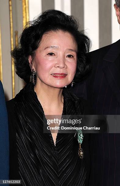 Yoon Jung-Hee poses after she receives the medal "Chevalier des Arts et lettres" at Ministere de la Culture on April 5, 2011 in Paris, France.