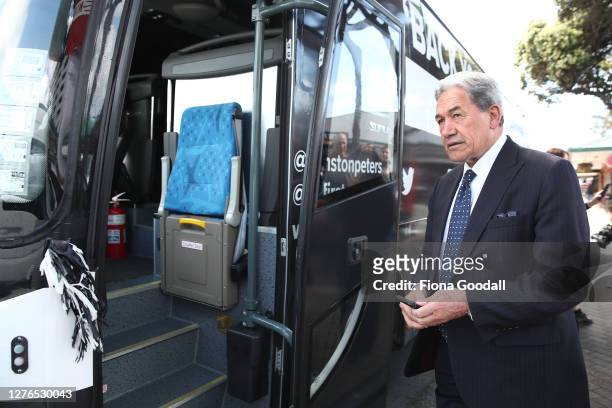 New Zealand First leader Winston Peters gets onto his campaign bus in Orewa on September 25, 2020 in Auckland, New Zealand. The 2020 New Zealand...