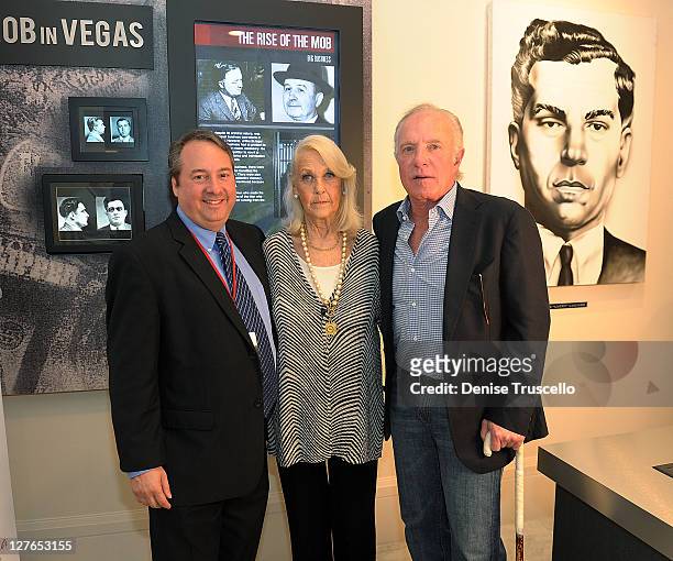 Jay Bloom, Benjamin Siegel's daughter Millicent Siegel and actor James Caan during a tour of Las Vegas Mob Experience at The Tropicana on March 28,...