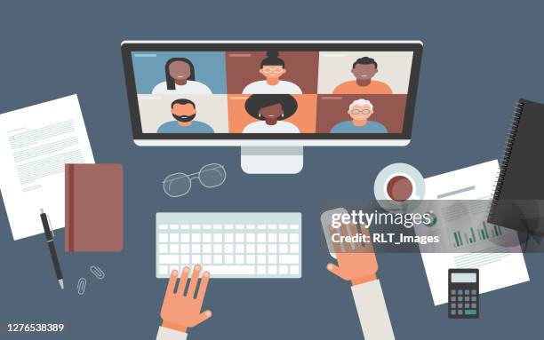 flat vector illustration of person at desk using computer for video call - student leadership stock illustrations