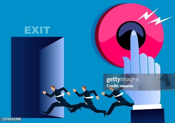 hand presses the emergency safety button. business people run out of the door, business risk warning illustration - hitting alarm clock stock illustrations