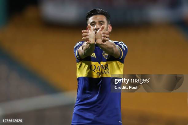 Eduardo Salvio of Boca Juniors celebrates after scoring his team's first goal during a group H match of Copa CONMEBOL Libertadores 2020 between...