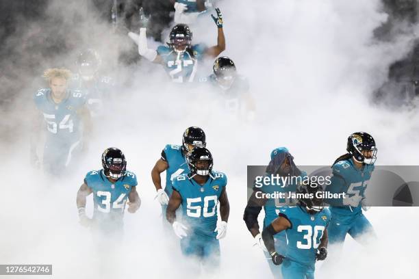 The Jacksonville Jaguars enter the field before the start of a game against the Miami Dolphins at TIAA Bank Field on September 24, 2020 in...