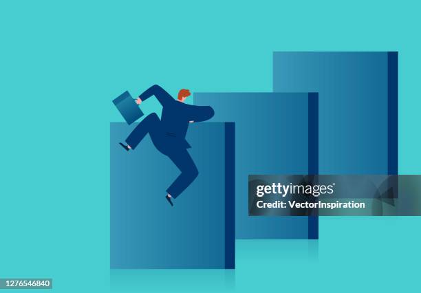 geschäftsmann überwindet schwierigkeiten beim versuch, die mauer zu erklimmen - construction barrier stock-grafiken, -clipart, -cartoons und -symbole