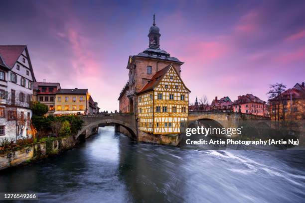 sunset with the old town hall and river regnitz, bamberg, upper franconia, germany - バンベルク ストックフォトと画像