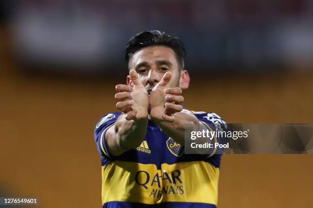 Eduardo Salvio of Boca Juniors celebrates after scoring his team's first goal during a group H match of Copa CONMEBOL Libertadores 2020 between...