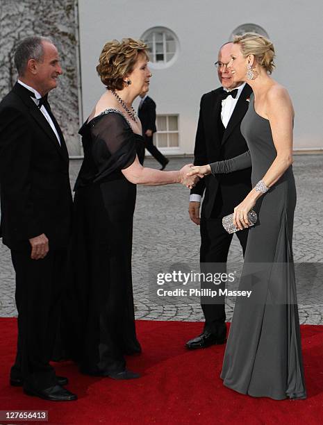 Martin McAleese and Irish President Mary McAleese greet Charlene Wittstock and His Serene Highness, Prince Albert II Of Monaco at a State Dinner at...