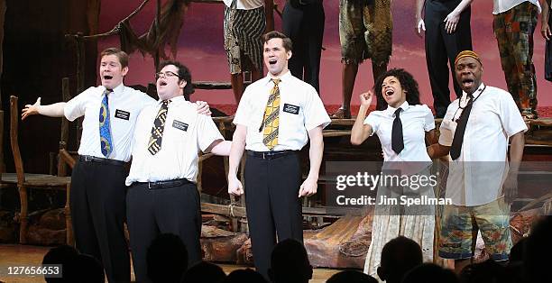 Actors Rory O'Malley, Josh Gad, Andrew Rannells, Nikki M. James and Michael Potts attend the opening night of "the Book of Mormon" on Broadway at...