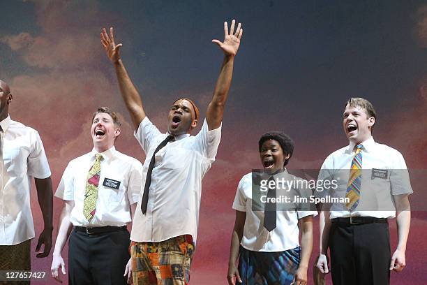 Cast of "the Book of Mormon" on Broadway at Eugene O'Neill Theatre on March 24, 2011 in New York City.