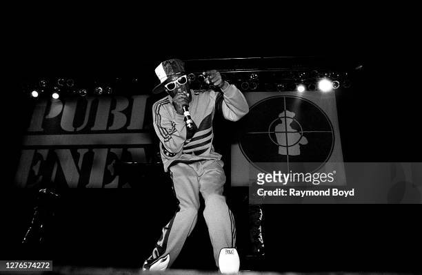 Rapper Flavor Flav of Public Enemy performs at the Mecca Arena in Milwaukee, Wisconsin in December 1988.