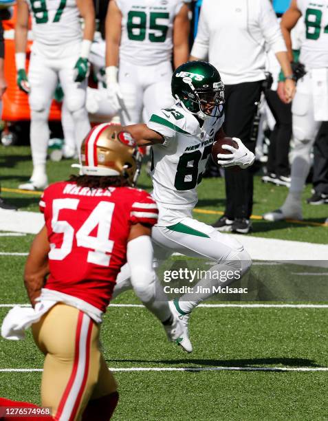 Josh Malone of the New York Jets in action against the San Francisco 49ers at MetLife Stadium on September 20, 2020 in East Rutherford, New Jersey....