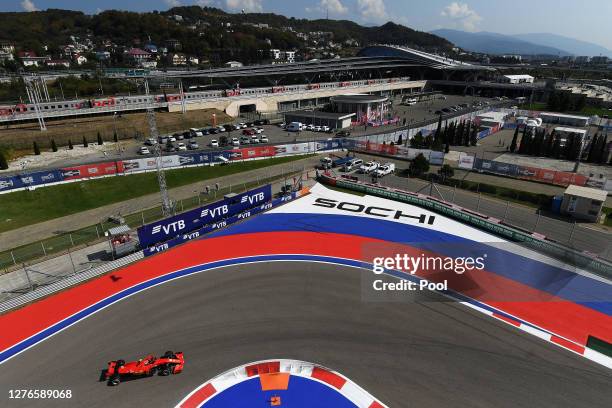 General view as Charles Leclerc of Monaco driving the Scuderia Ferrari SF1000 drives on track during practice ahead of the F1 Grand Prix of Russia at...