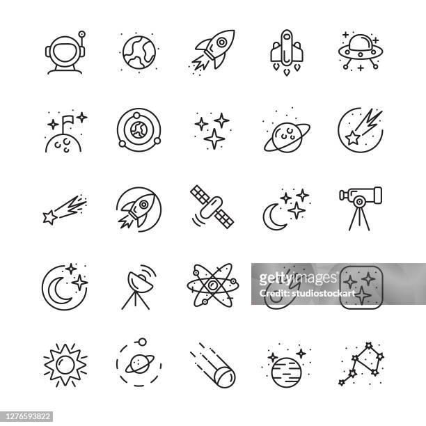 ilustrações de stock, clip art, desenhos animados e ícones de space - outline icon set - galaxy