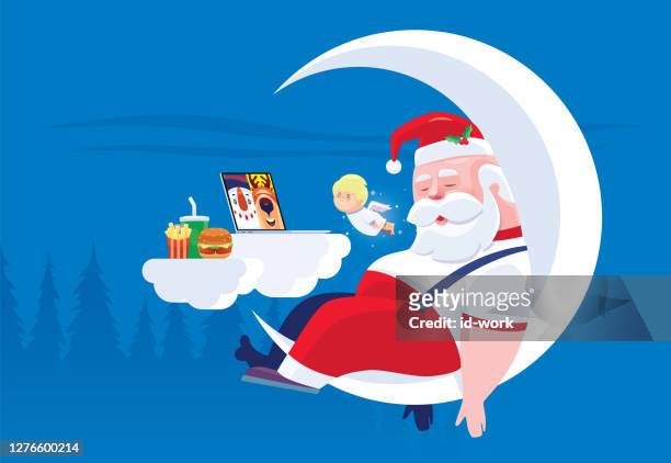 stockillustraties, clipart, cartoons en iconen met de zitting van de kerstman op halve maan en het slapen - alleen één seniore man