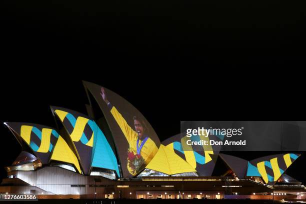 Film and still images of Cathy Freeman are seen projected onto the Sydney Opera House on September 25, 2020 in Sydney, Australia. The projection...