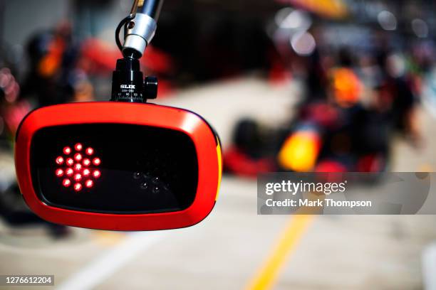 Detailed view of a pit stop light as the Red Bull Racing team practice pit stops during practice ahead of the F1 Grand Prix of Russia at Sochi...