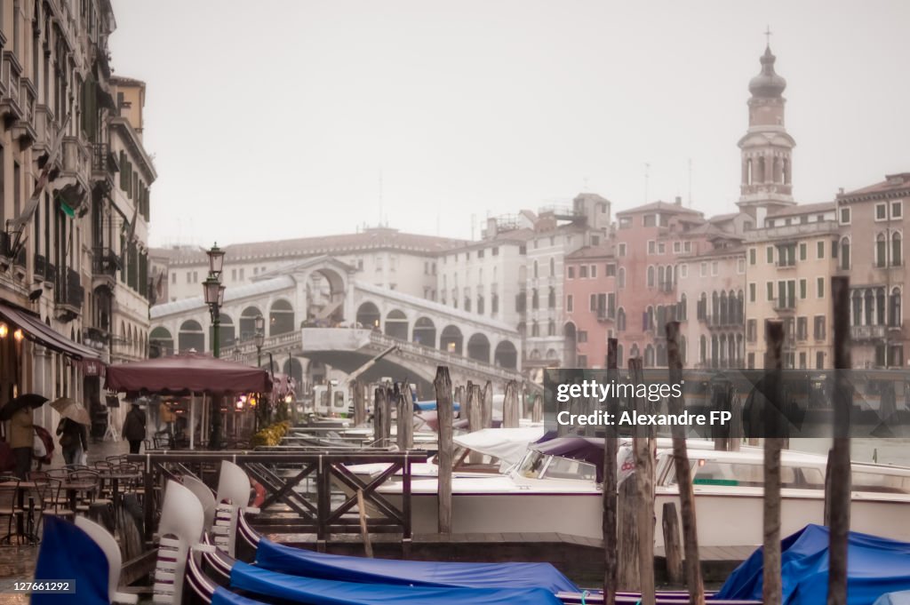 Moored gondolas at Rialto bridge in Venice